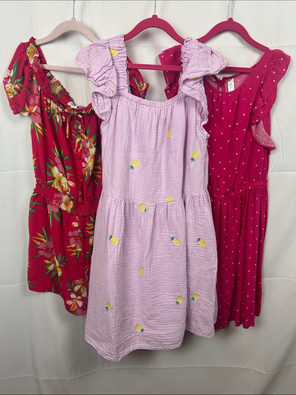 3 Items - 1 Tropical Romper,  1 Pineapple Ruffle Dress & 1 Pink Polka Dot Dress